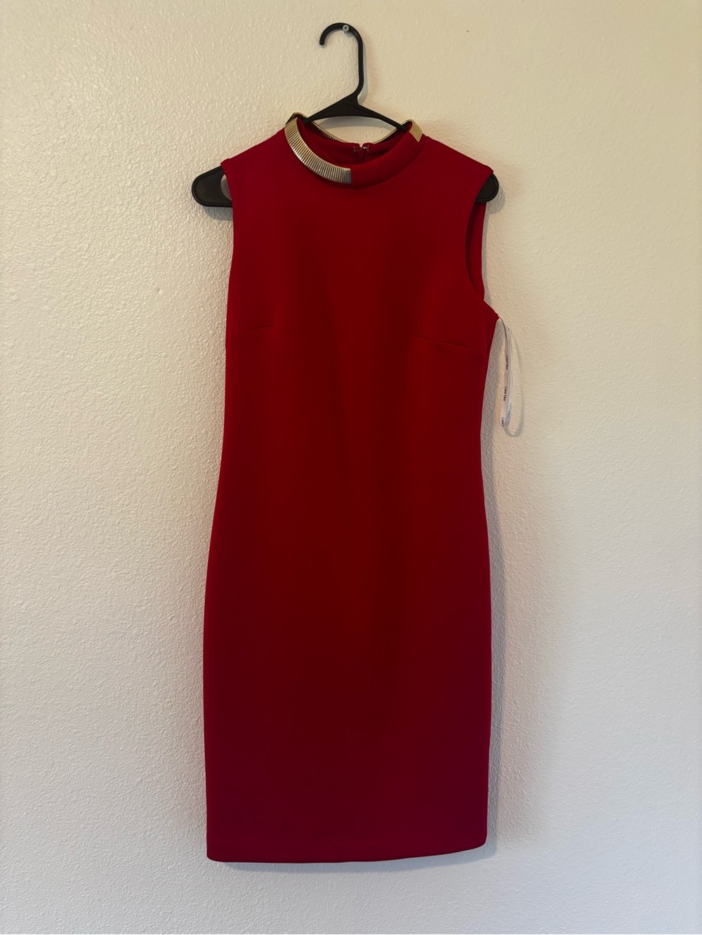 Calvin Klein Red Midi Sheath Dress with Gold Neck Detail